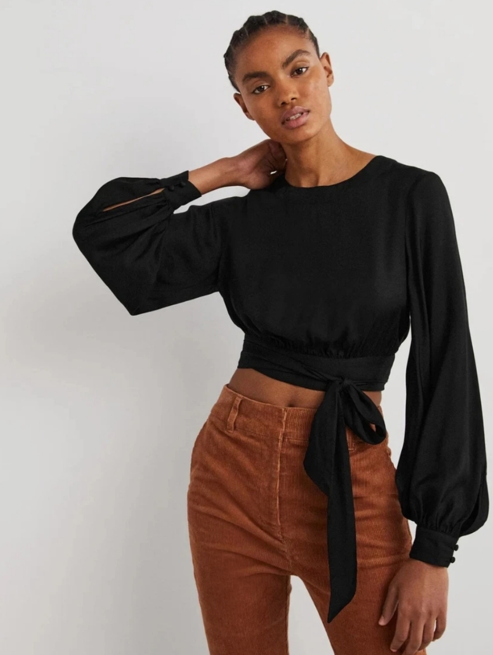 Boden Black Blouson Sleeve Crop Top